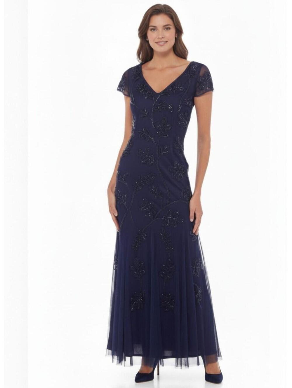 Marina NWT Size 4 Blue Floral Embroidered Beaded Gown V-Neck Evening Dress